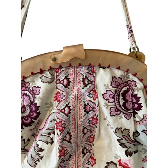 J Jill Linen Floral Print Cloth Bag Lucite Acrylic Handle - Picture 5 of 7